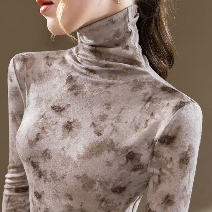 Dame longsleeve-shirt med elegant høj krave og blomster velour-design Stilla