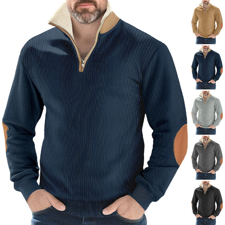Herrer nan Strukturstrik-halv-zip-pullover med varmende Sherpa-krave og velour-ellenbog-applikation Skovae