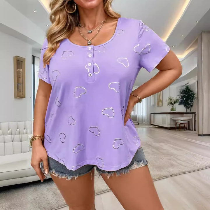 Dame T-shirt med romantisk hjerte-design og knapliste Stilla