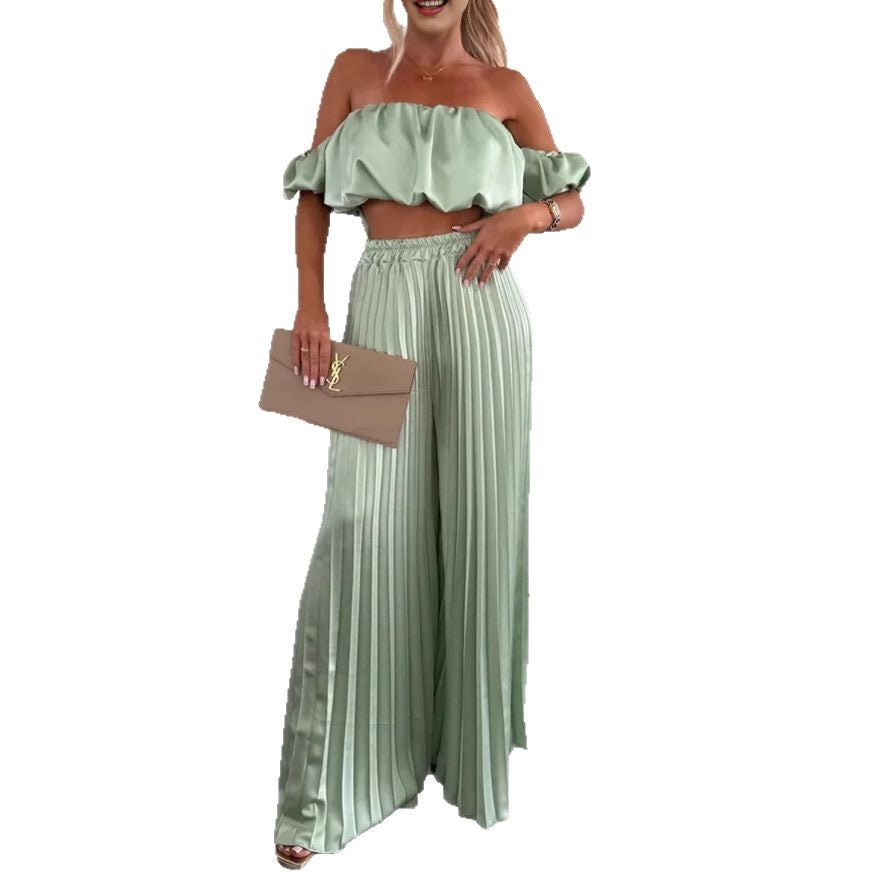 Dame Plisseret Maxi Nederdel og Off-Shoulder Crop Top Sæt Stilla