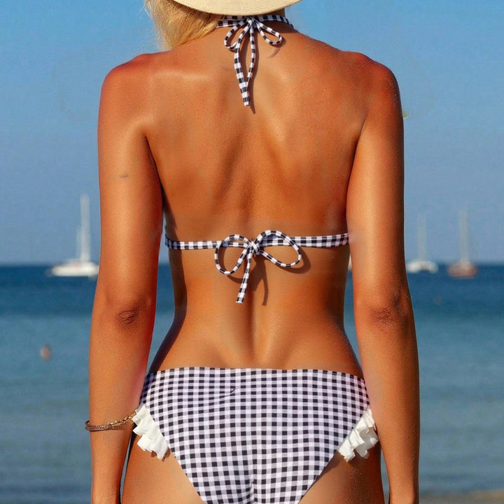 Dame Triangel-Bikini med flæsedetaljer og ternet design Skovae