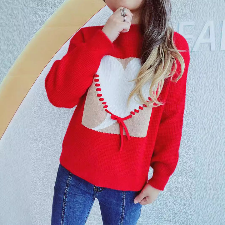 Damer fashionable sweater med hjerteapplikation og bag træksnor Stilla