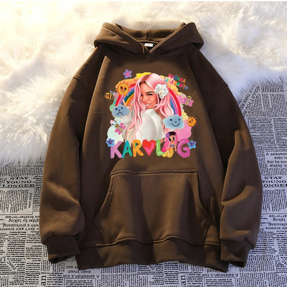 Kvinders hoodie med kreativt print og praktisk kængurulomme Skovae
