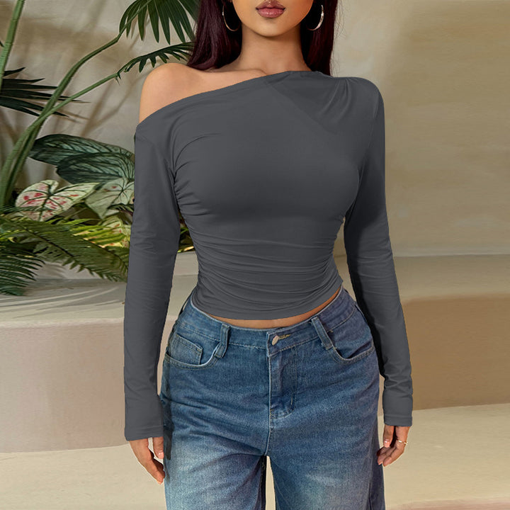 Dame Langærmet Crop Top med asymmetrisk uddybning og rynkning Skovae