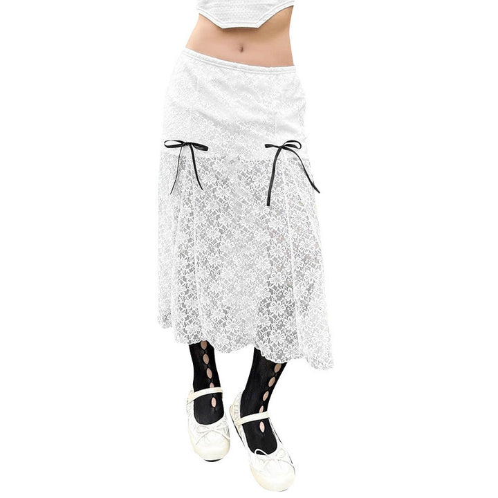 Dame elegant spids nederdel med transparente indsatser og raffinerede bindebånd Skovae