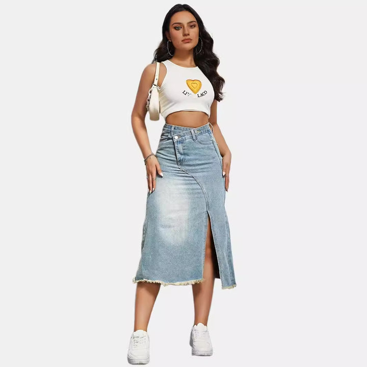 Kvindernes lange denimskørter med asymmetrisk slids og frynset kant Stilla