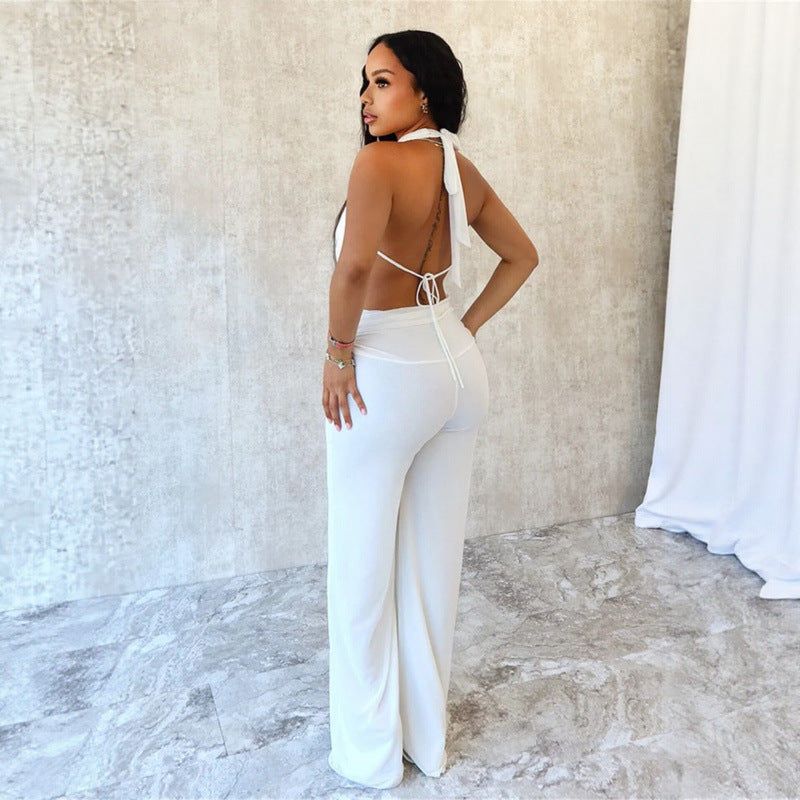 Damer Elegant Deep-V Jumpsuit med buet ryg og bred skåret ben Skovae