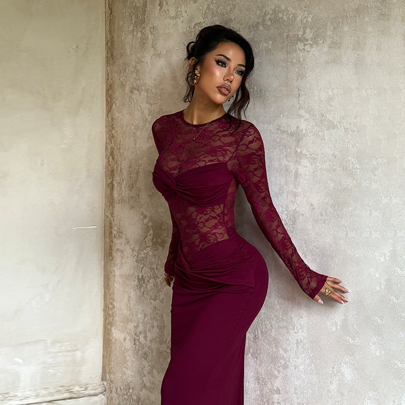 Damer Elegant Maxi Kjole med Blonde Top og Sofistikerede Drapering Detaljer Skovae