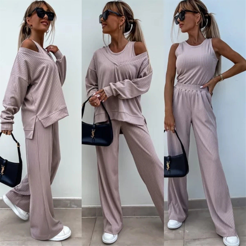 Kvinders afslappede lounge sæt med off-the-shoulder top og brede bukser Skovae