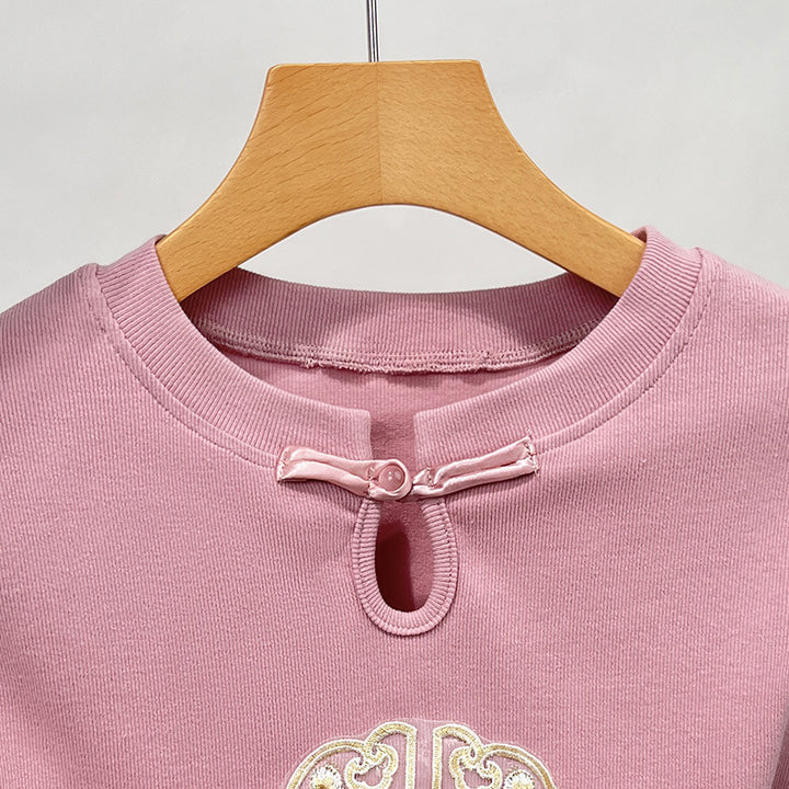 Dame T-shirt med kunstnerisk broderidesign og innovativ slids Stilla