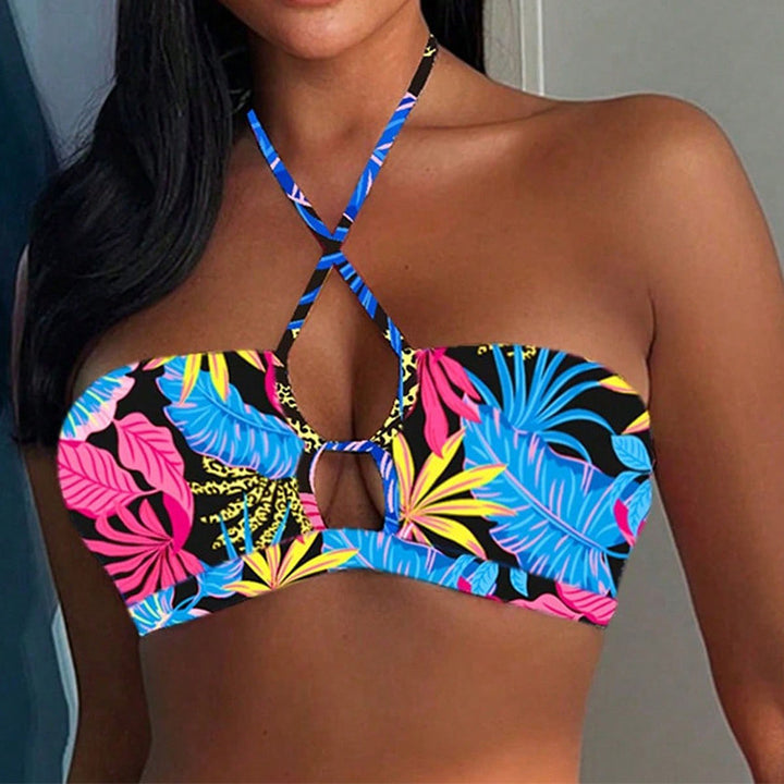 Dame bandeau bikini med kreativ knude-design og blomsterprint Skovae