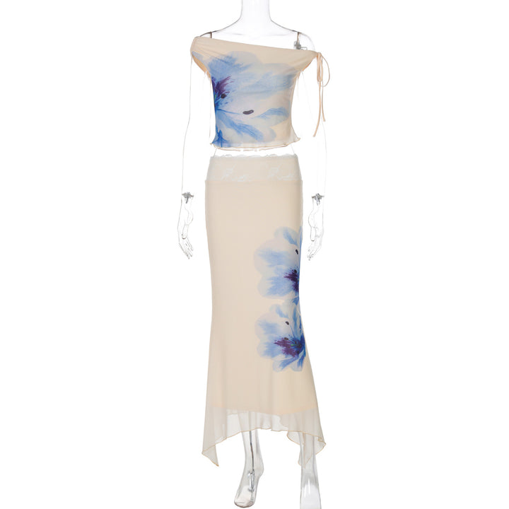 Dame Elegant Off-Shoulder Sæt med blomsterdesign og asymmetrisk kant Stilla
