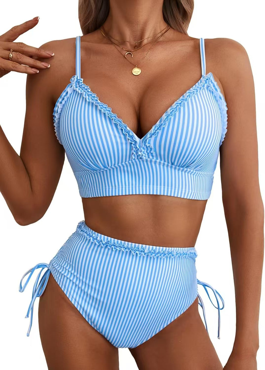 Dame bikini-sæt med sødt flæsedetalje og højtsiddende snit Skovae