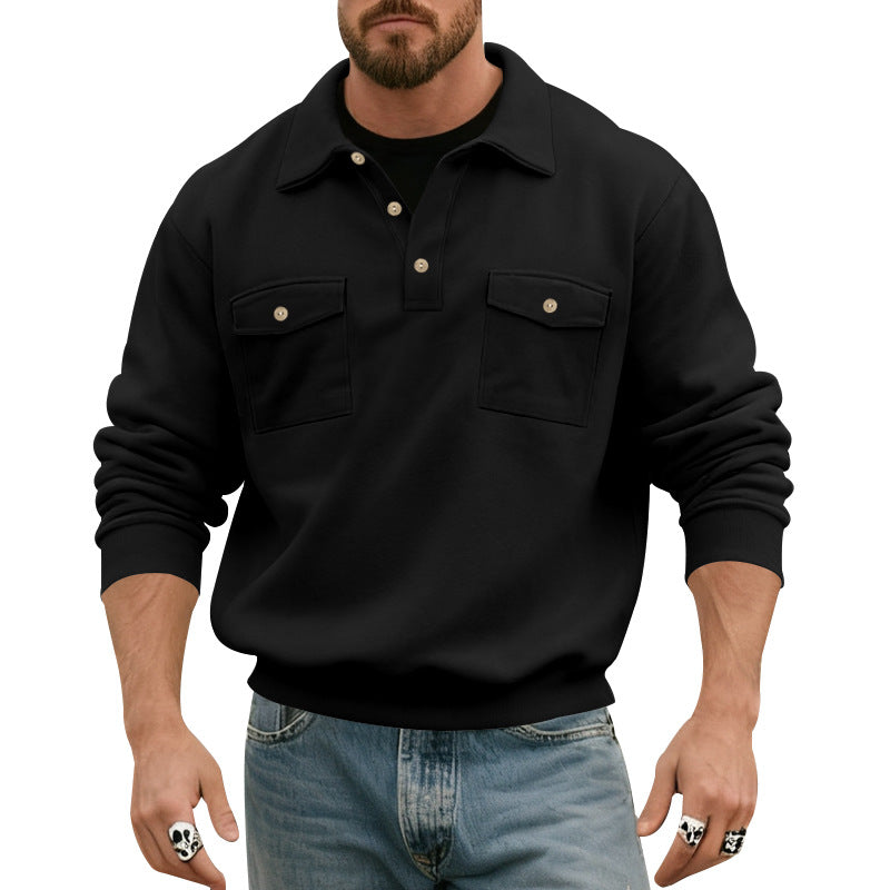 Herren nan Polokrave Sweatshirt med påsyede brystlommer og ribbede manchetter Skovae