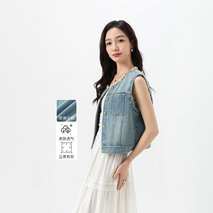 Dame Denim Vest i afslappet look med praktiske lommer og knapliste Stilla