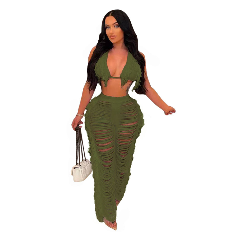 Dame Strandoutfit med frynset Crop-Top og afslappet Bukser Stilla