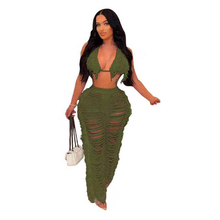 Dame Strandoutfit med frynset Crop-Top og afslappet Bukser Stilla