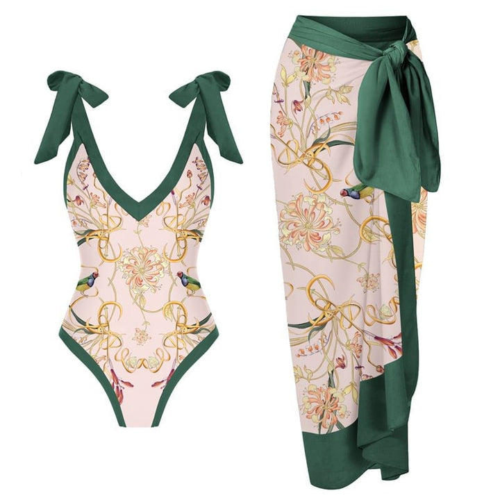Dame blomsterprint rynkning monokini med omslags nederdel Stilla