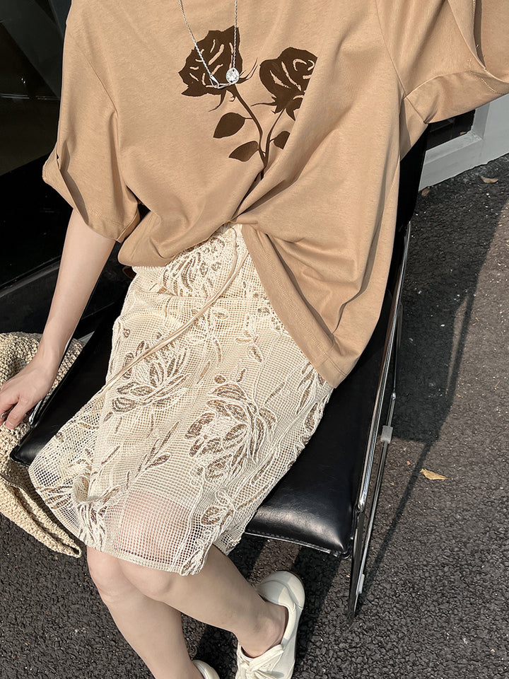 Dame Midi-nederdel med blomsterbroderi og elastisk liv Stilla