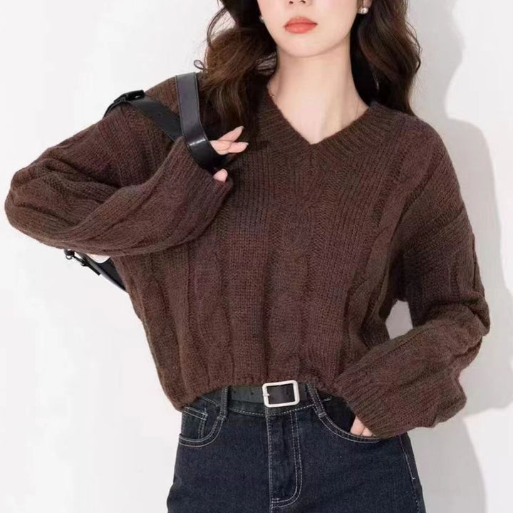 Kvinders strikket sweater med fletmønster og V-hals Stilla