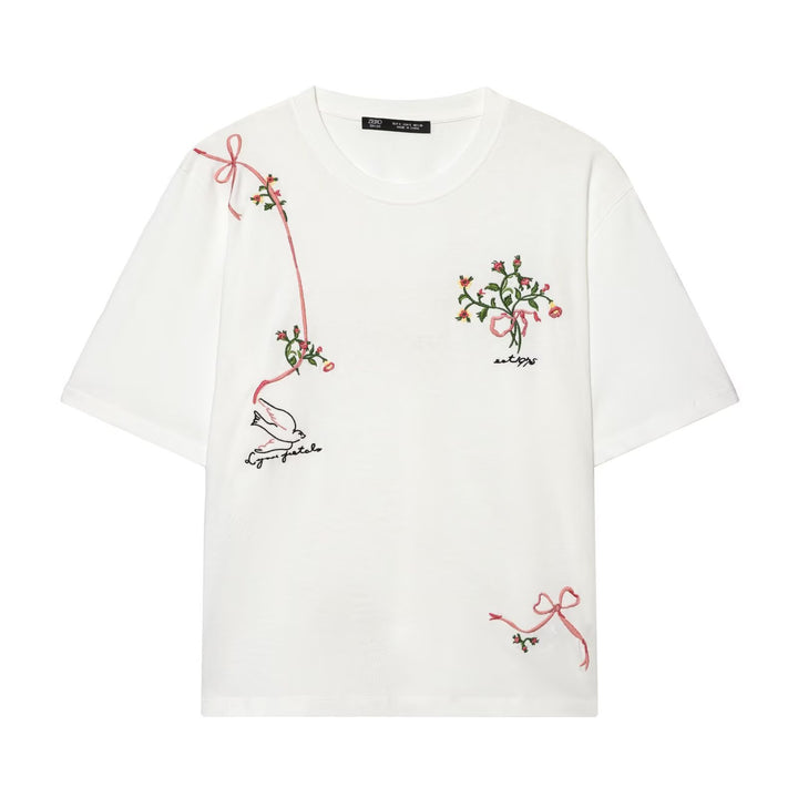 Dame T-shirt med fin broderi og unikke tryk Skovae