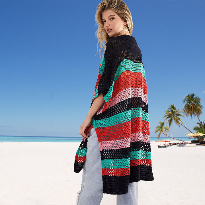 Dame strik strand poncho med modige kontraststriber Stilla