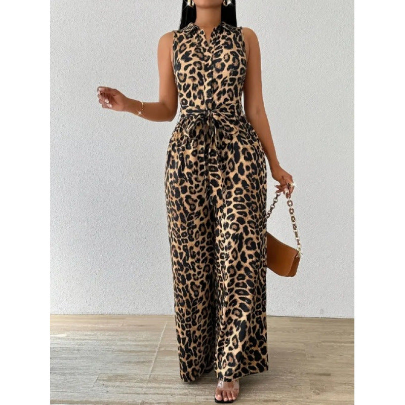 Dame jumpsuit med leopardmønster og taljebælte Skovae