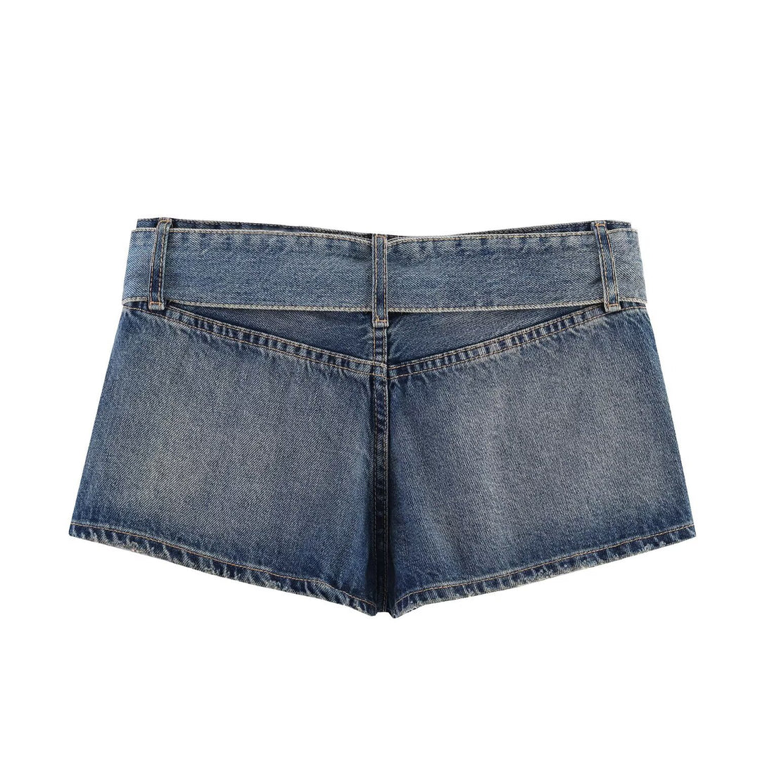 Dame mode Z destroyed denim shorts med justerbart bælte Skovae