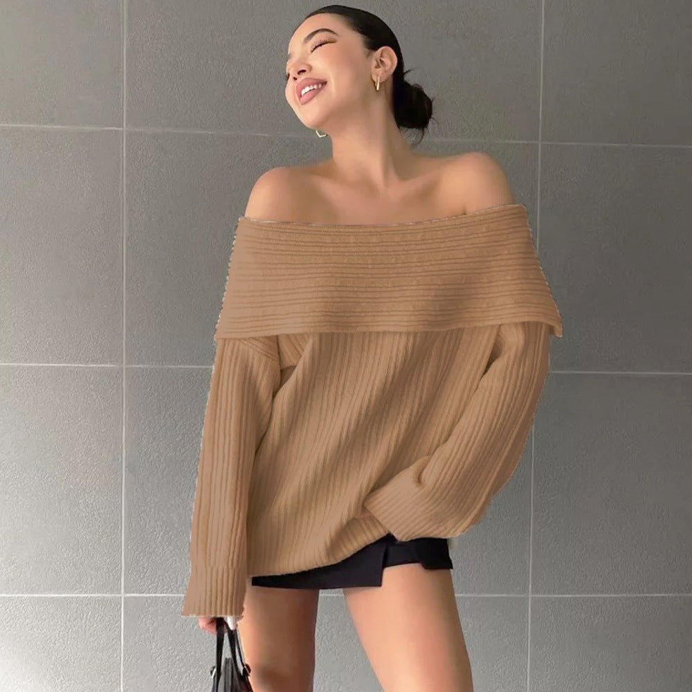 Kvinders oversized striktrøje med off-shoulder design og fin ribbet tekstur Stilla