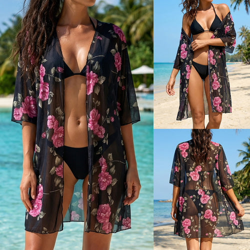Dame elegant gennemsigtig strandoverdel med floral design Skovae