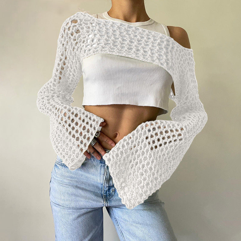Dame hæklede langærmet top med off-shoulder design Skovae