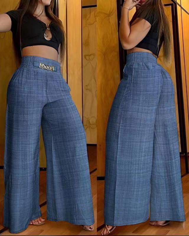 Dame bred Palazzo-bukser med elastisk talje og fashionabelt bælte Stilla
