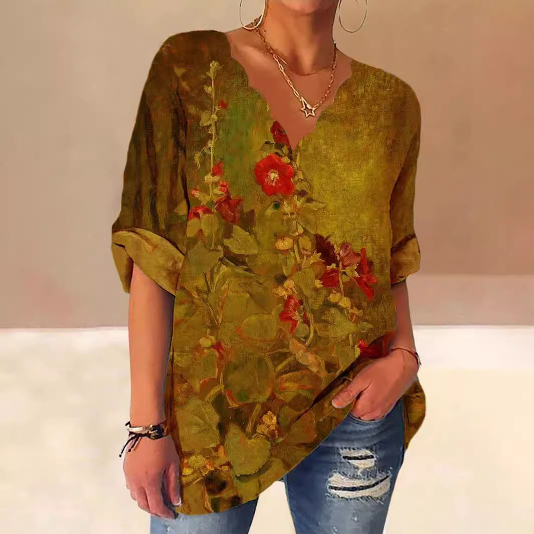 Dame V-hals bluse med kunstnerisk blomsterdesign og løs pasform Stilla