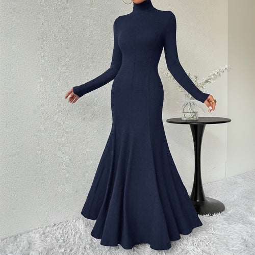 Kvinders elegante langærmet maxi kjole med høj krave og svingende kant Stilla