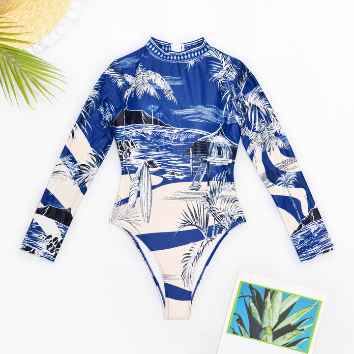 Dame langærmet badeanzug med stilfuld Hawaii-motiv og høj benudskæring Stilla
