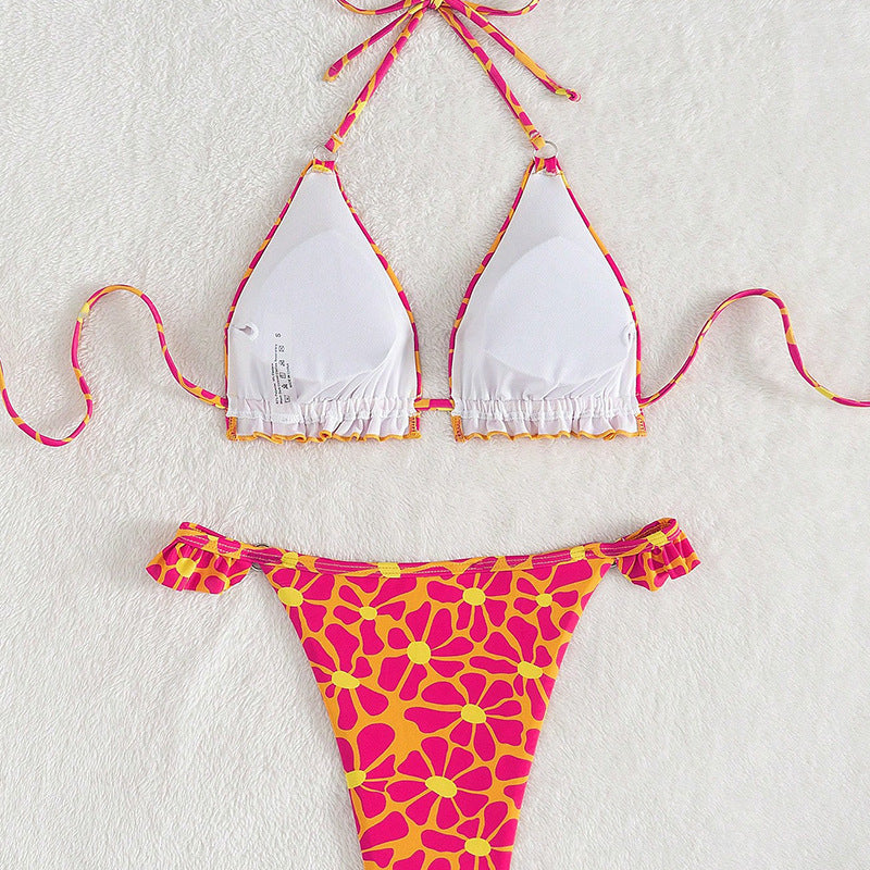 Dame Farverig Blomster Bikini med Flæse og Strings Stilla