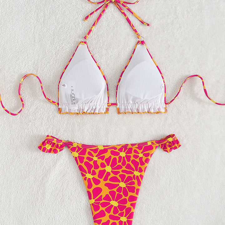 Dame Farverig Blomster Bikini med Flæse og Strings Stilla
