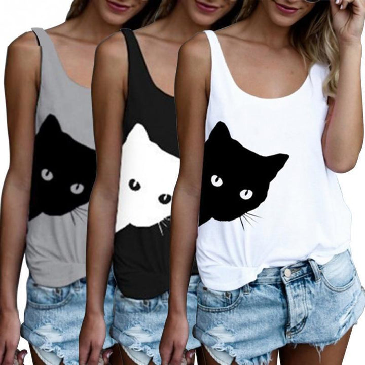 Kvinders tanktop med kreativ kattemotiv og afslappet pasform Stilla