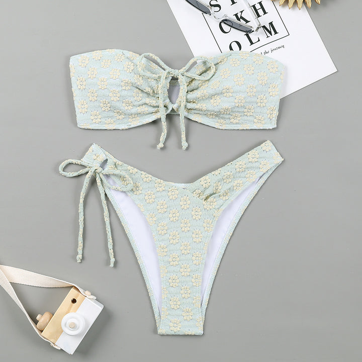 Dame Bandeau-Bikini sæt med legende knudedesign og højt benudskæring Stilla