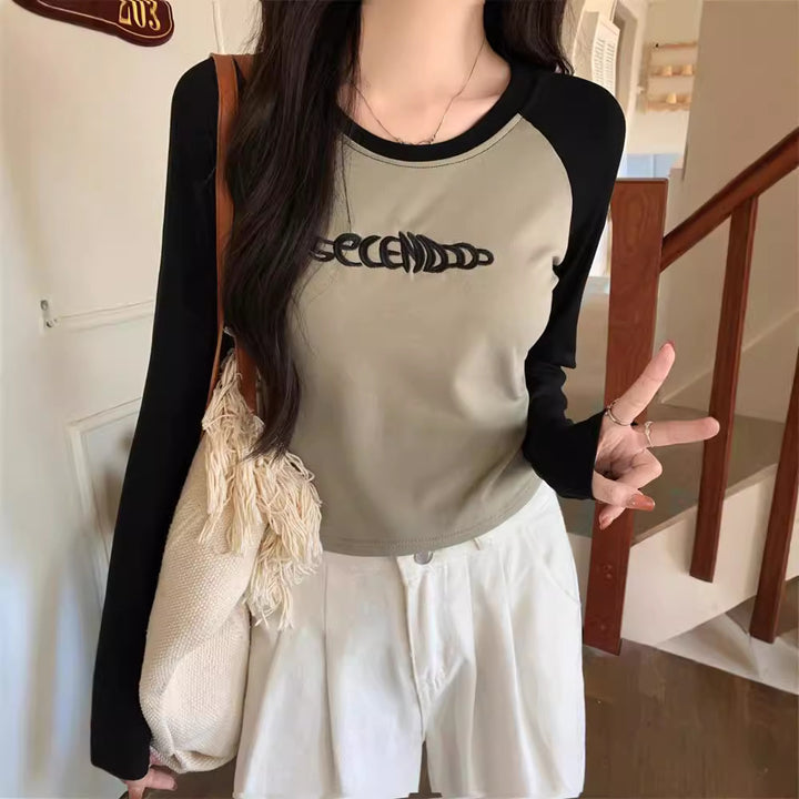 Dame Cropped Langærmet Graphic Tee med Kontrastærmer Stilla