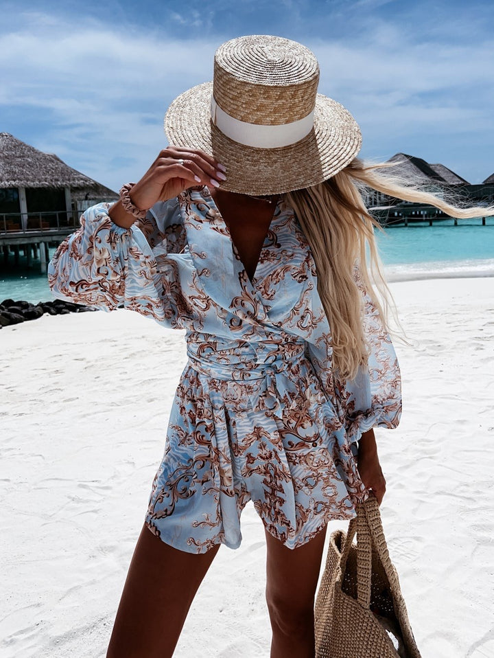 Kvinder Elegant Bohemian Print Wrap Playsuit Stilla