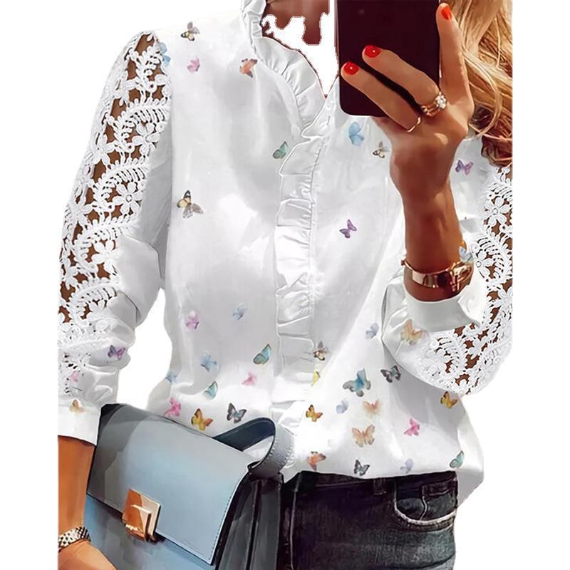 Dame elegant bluse med spidsærmer og sommerfugledetalje Stilla