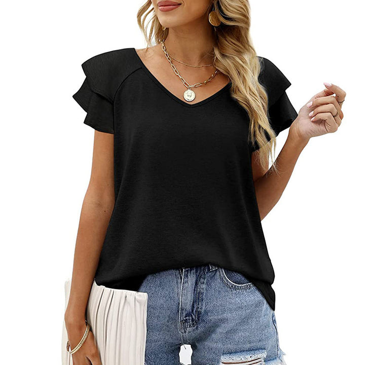 Dame T-shirt med elegante flæse-detaljer og V-hals Stilla
