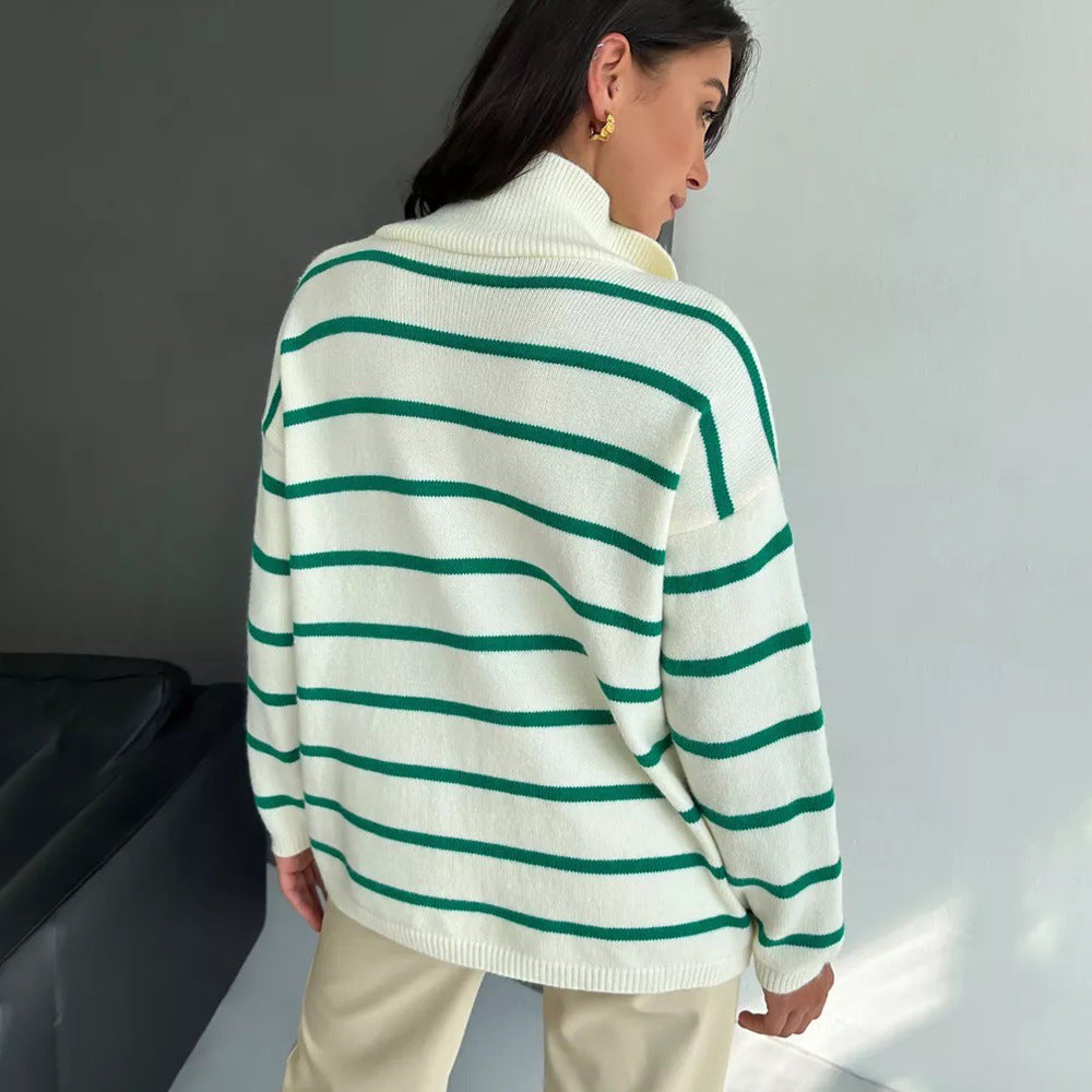 Femme Stribet Fjerde-Zipper Strikkegenser Stilla