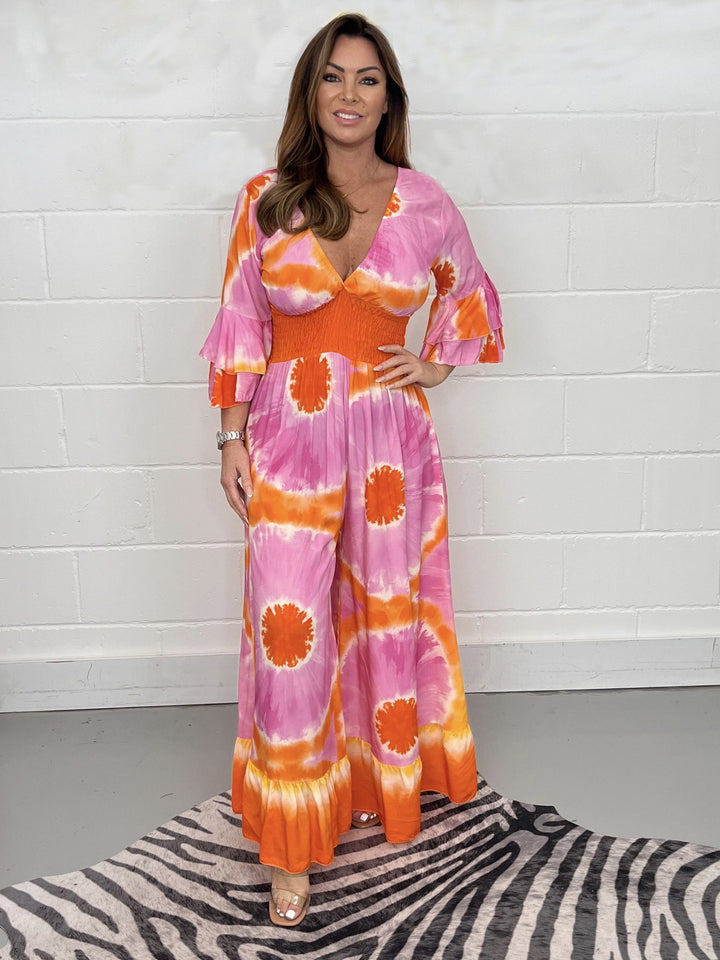 Dame Flydende Bredbenet Maxi-Jumpsuit med Livligt Batikdesign Stilla