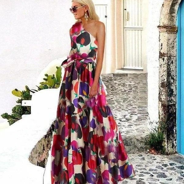 Dame Elegant Maxikjole med asymmetrisk snit og farverigt blomsterprint Stilla