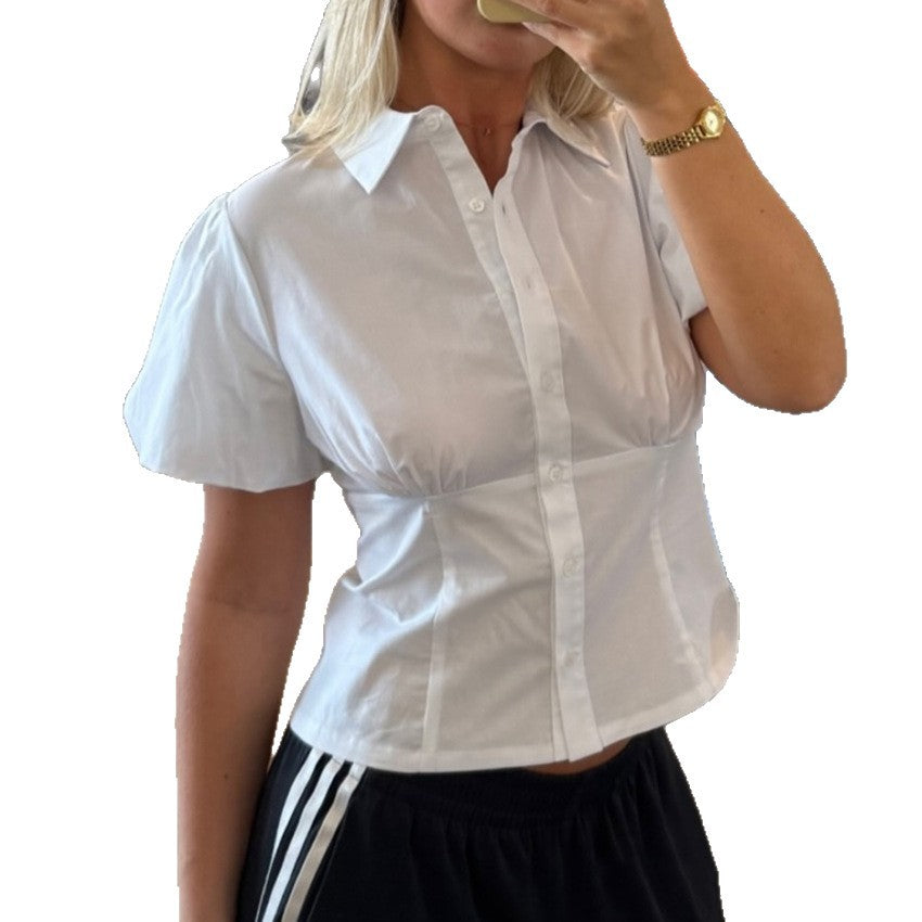 Dame blouse med puffærmer og tildannet snit Stilla