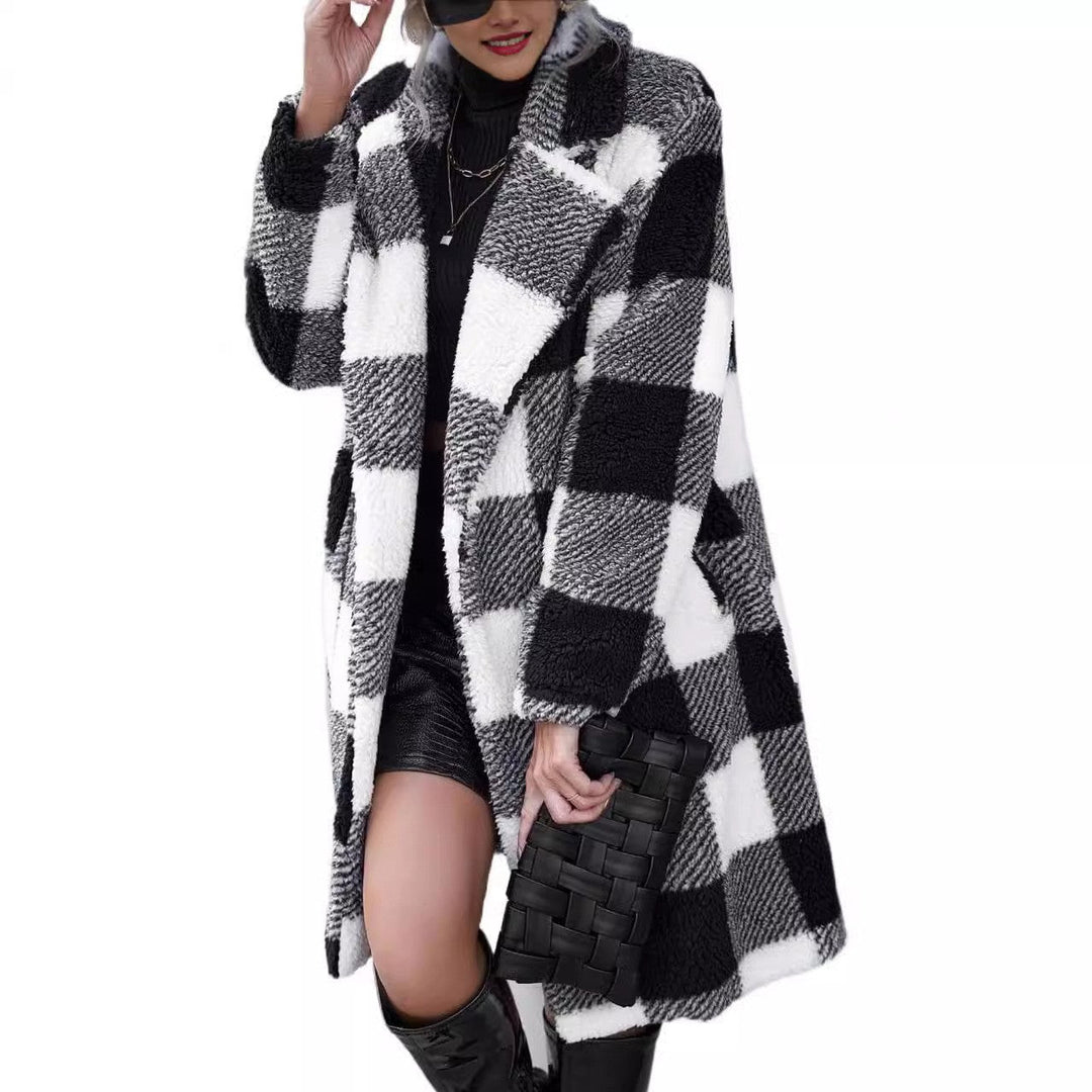 Stilla | Lang Frakke Oversized Fit Blød Sherpa-Texture Ternet Mønster Tætsiddende Krave