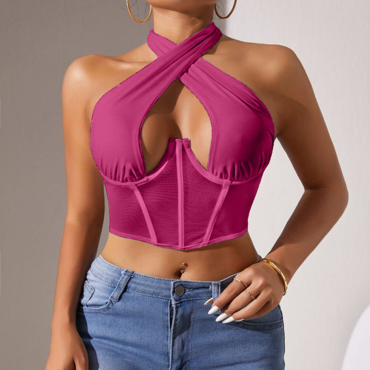 Dame Crop-Top med raffineret indpakningsdesign og gennemsigtig corsage Stilla
