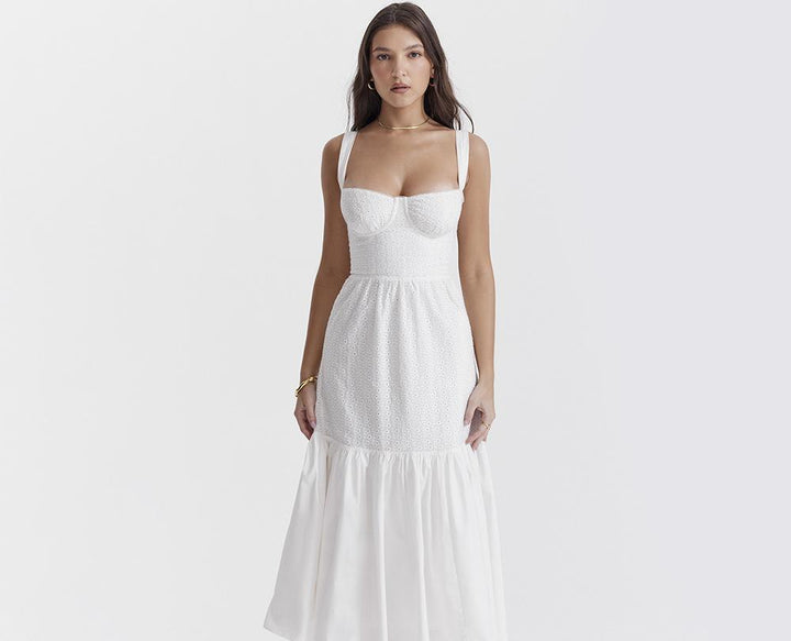 Dame Maxikjole med fremragende bustier og romantisk volant Stilla